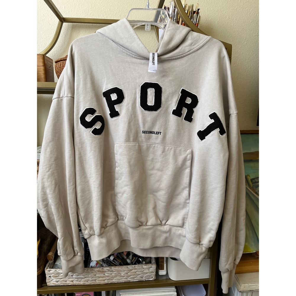 Secondleft Sport Appliqué Hoodie Beige Cozy 100% Cotton Sweatshirt Medium
